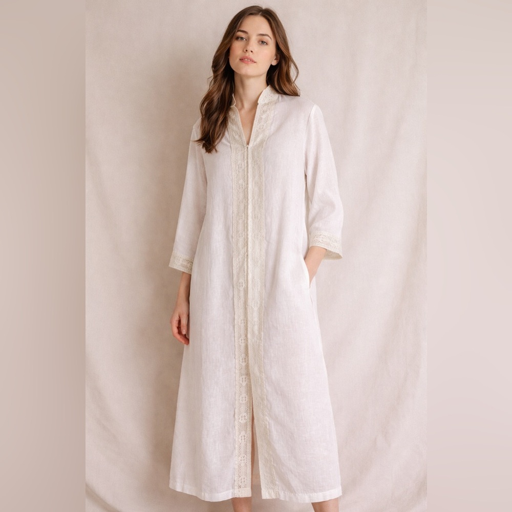 Vintage Maxi Kaftan Dress Beach Cover Up Cream Crochet Lace Vacation Summer
